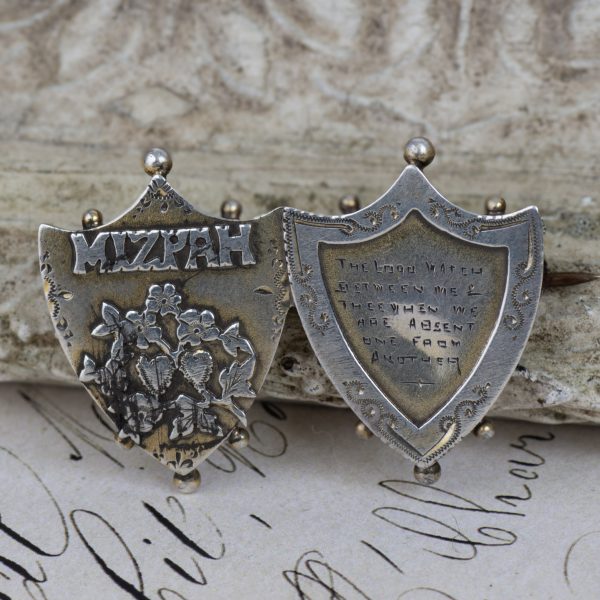 Antique Sterling Silver Mizpah Brooch Double Shield Engraved Sweetheart Love Pin