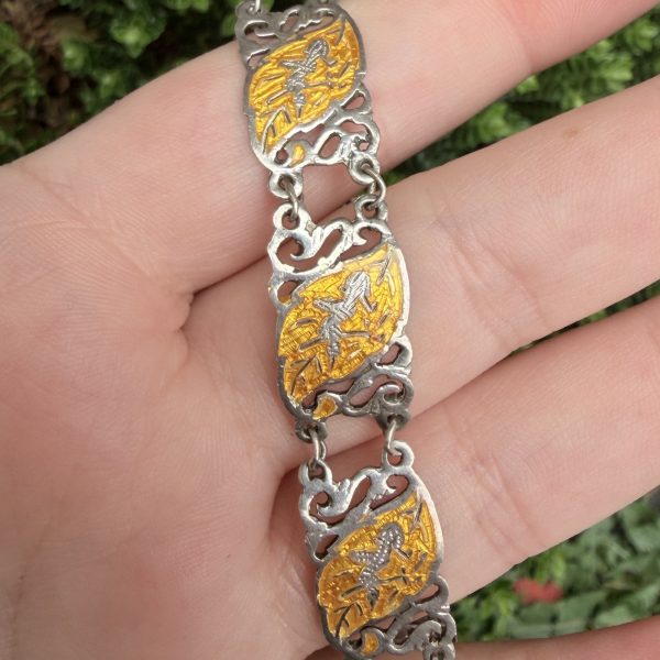 Vintage Siam Sterling Silver 925 Yellow Enamel Bracelet Nielloware Thai Dancer, photo 2