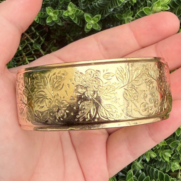 Vintage Wide Rolled Gold Bangle Chunky 1950s Engraved Floral